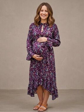 Mama Licious New Maternity Small Plum Floral Dress Knee Length Long Sleeves